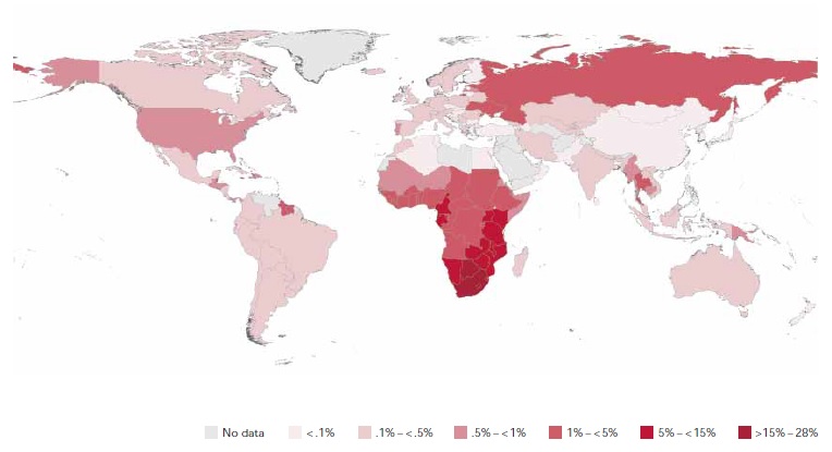 Global prevalence of HIV, 2009