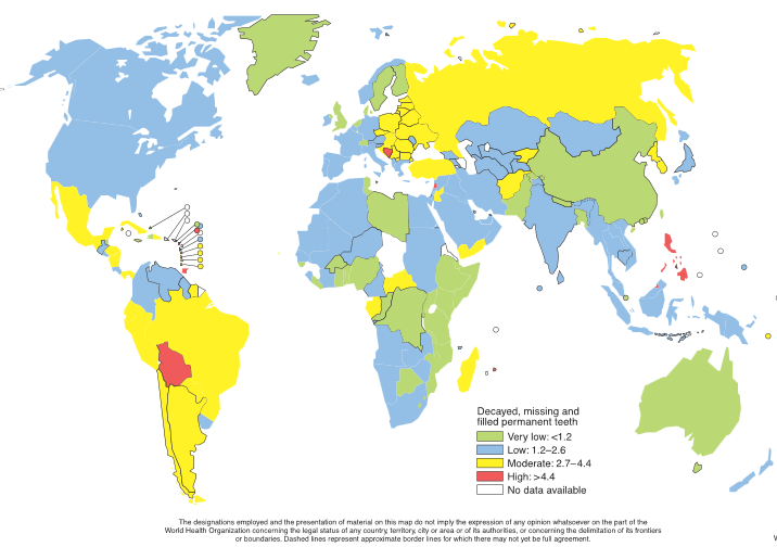 Figure 1: Dental caries levels in 12-year-olds worldwide