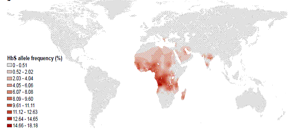 Figure 1. Global distribution of frequency of HbS allele for sickle cell disease
